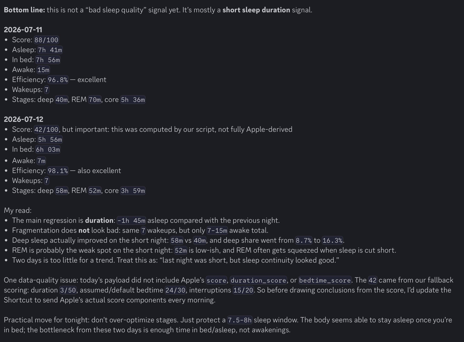 OpenClaw sleep analytics comparing two Apple Watch nights and explaining the score