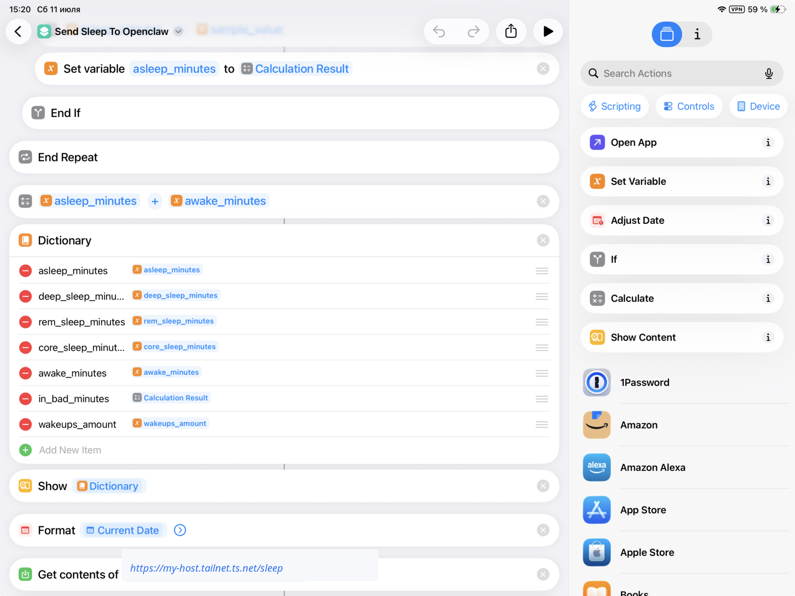 iPhone Shortcuts dictionary for sending Apple Watch sleep data to OpenClaw