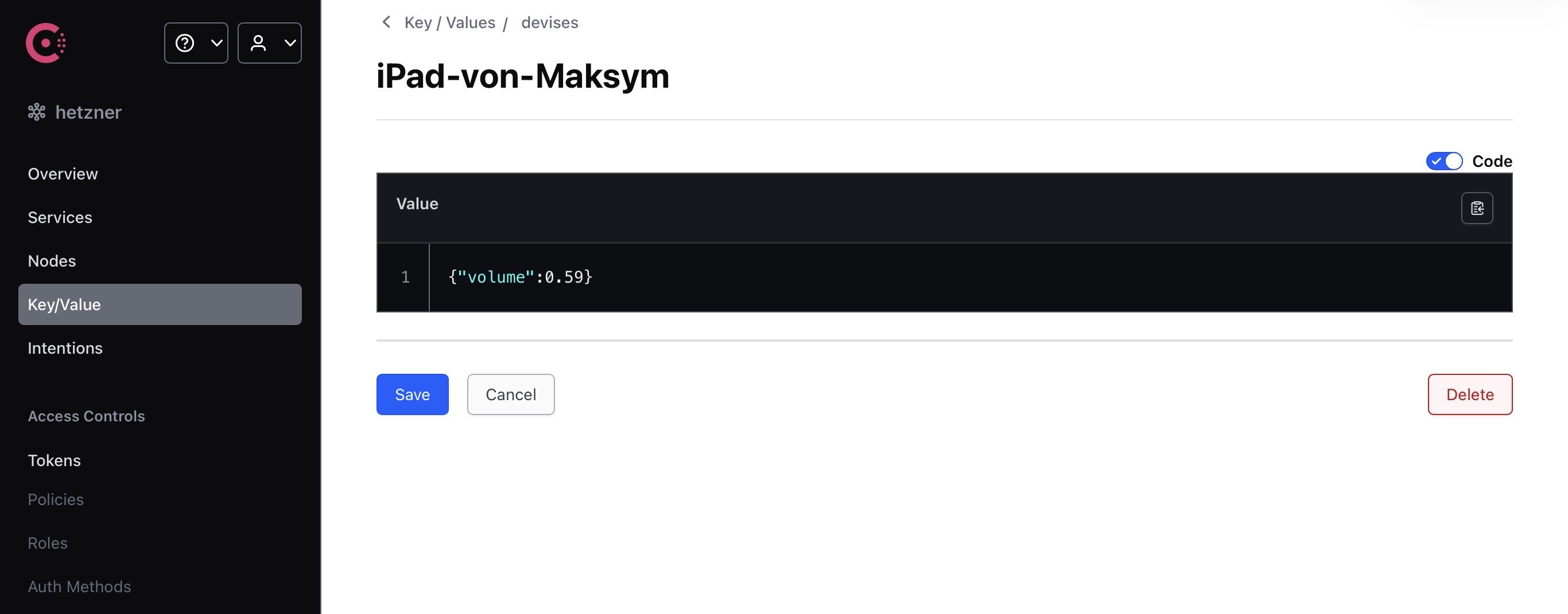 Consul KV entry with saved device volume